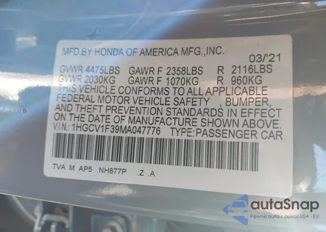 2021 Honda Accord Sport z USA, uszkodzony, nr VIN 1HGCV1F39MA047776